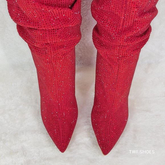 Resolve Sparkling Red Rhinestone High Heel Slouch Calf Boots New Years Bling - Picture 13 of 17
